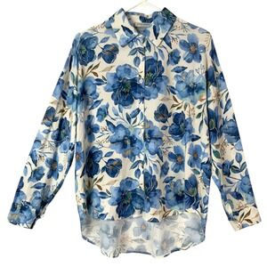 Estee Brown Paris Blue Floral Button Up M Collared Long Sleeve High-Low Blouse